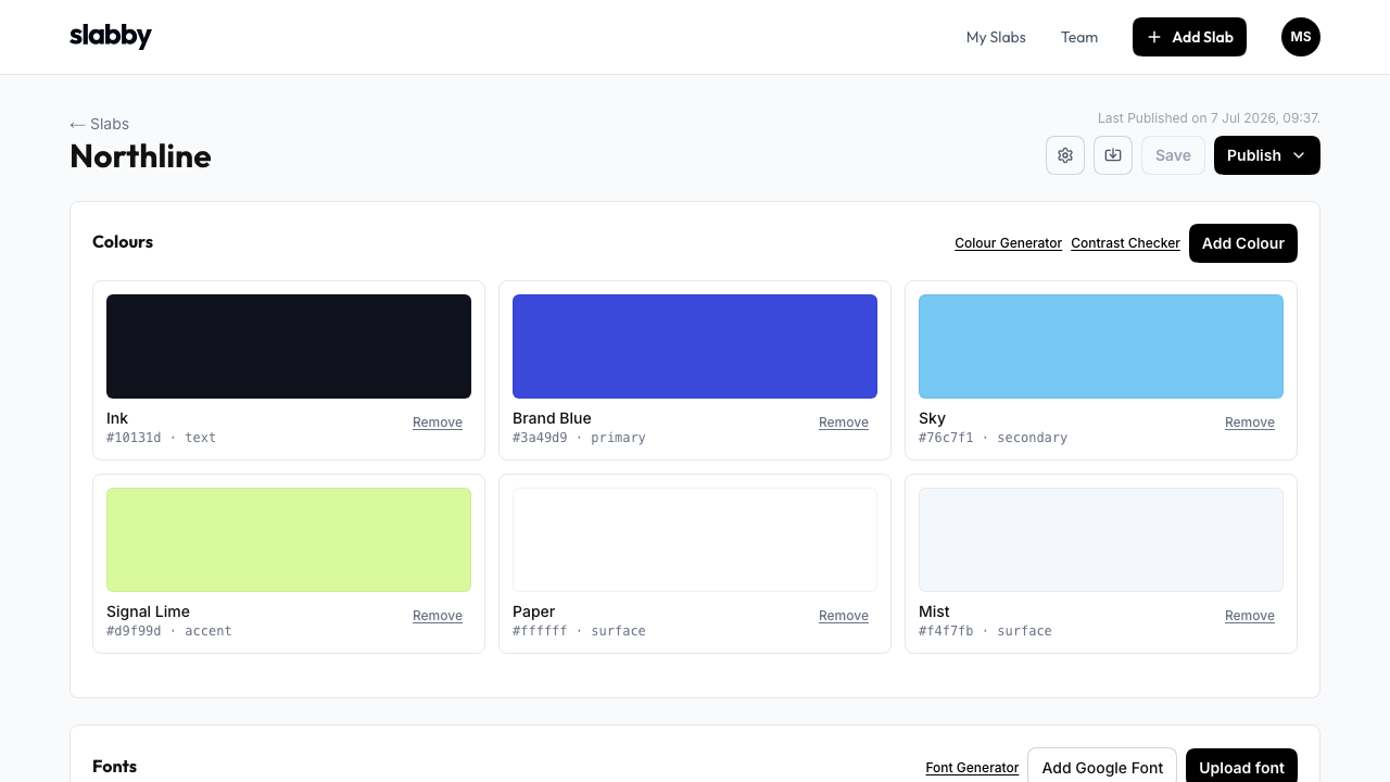 Slabby editor with colours, fonts, type rules, spacing, and logos