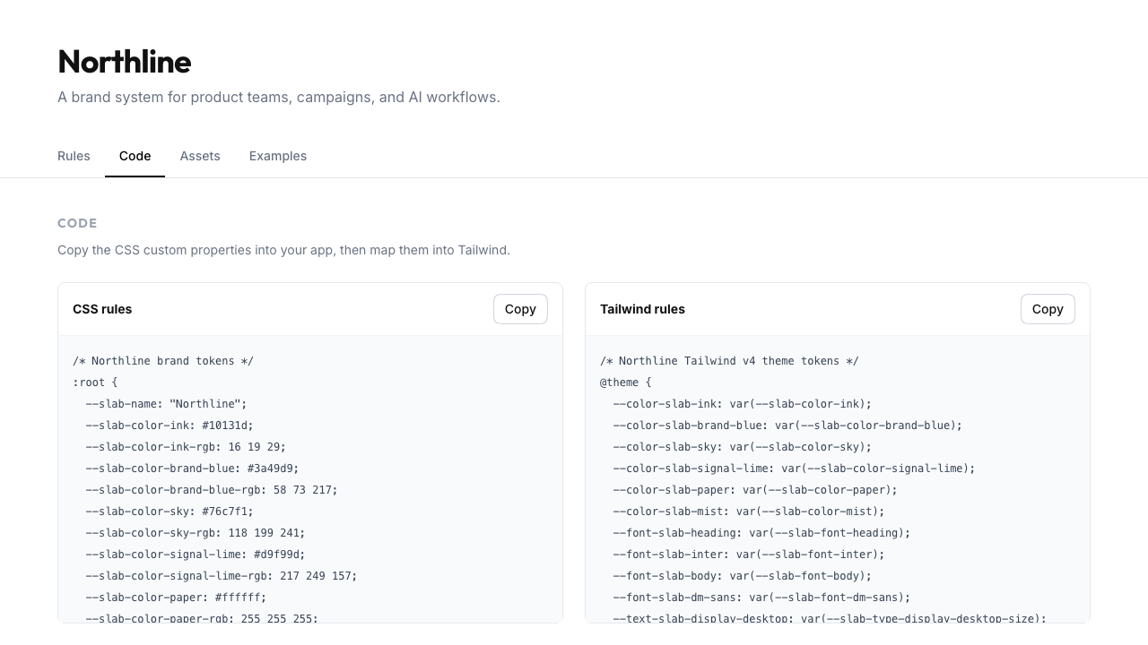 Slabby output cards showing visual, JSON, CSS, and assets exports