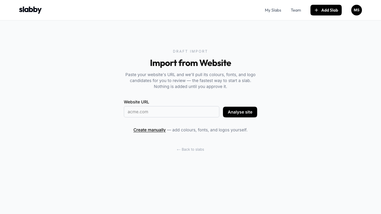 Slabby website import screen with a URL input