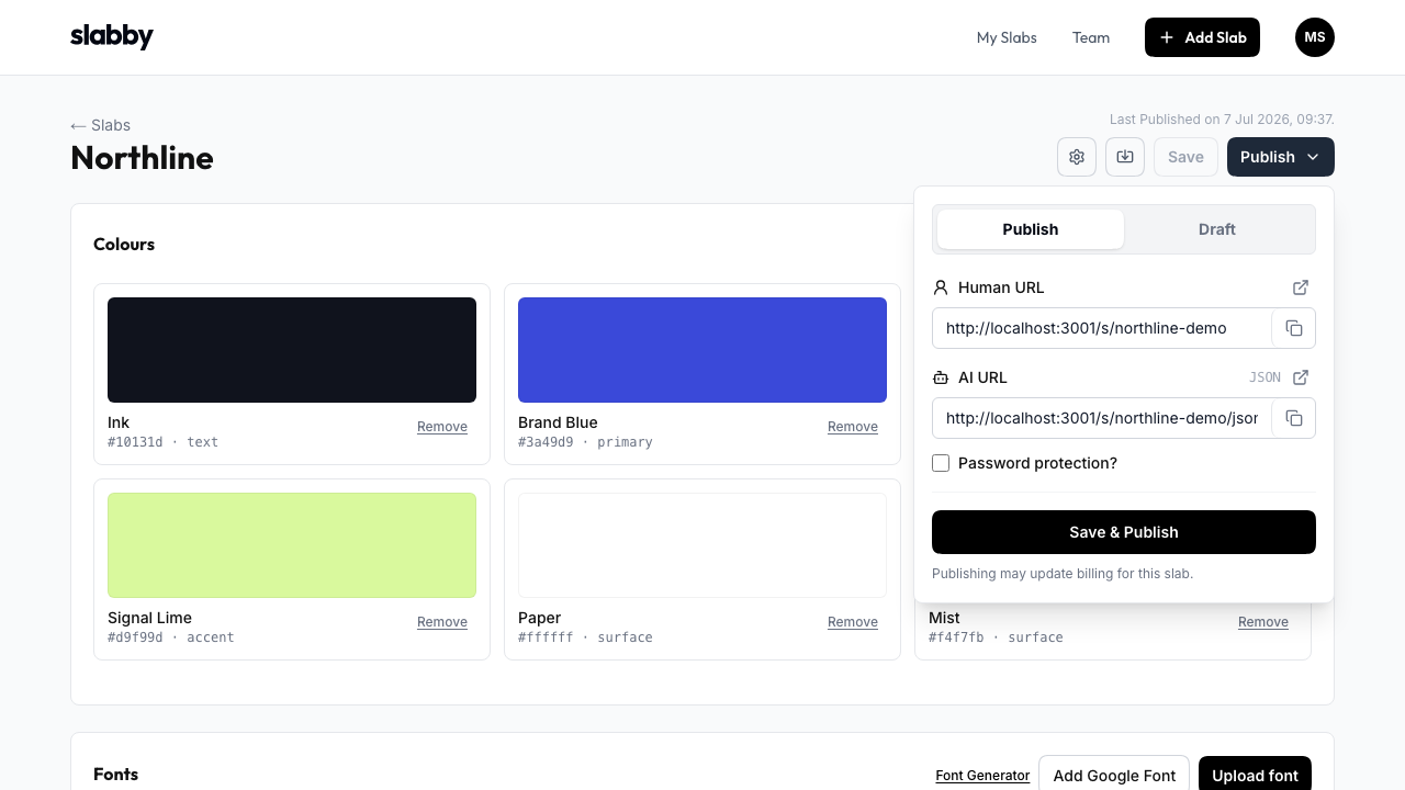 Slabby publishing panel showing visual and JSON URLs