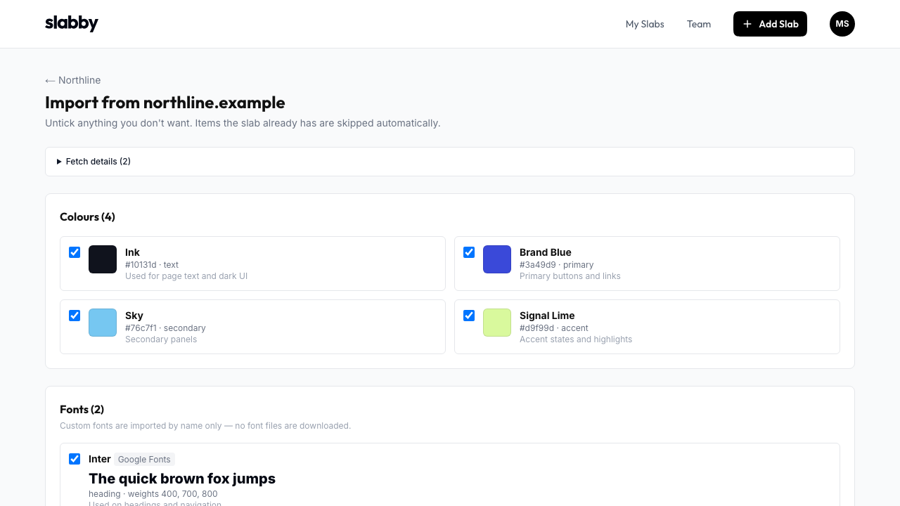 Slabby import review screen with selected brand colours and fonts